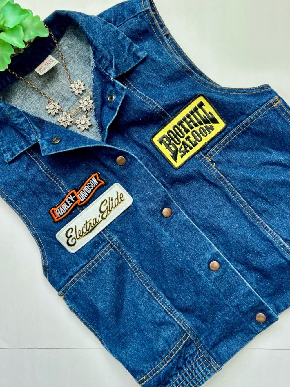 Vintage 90s Harley Davidson Denim Vest Boot Hill Saloon Electra Glide Eagle S - Picture 4 of 14
